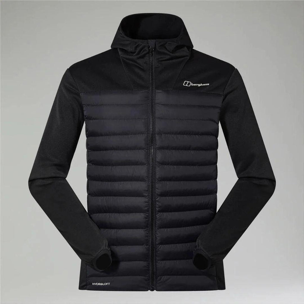 Berghaus Black Vaskye Hooded Hybrid Jacket for men, front view of black full-zip hooded jacket with quilted insulated body and soft sleeves, part of the Black Vaskye Hooded Hybrid Jacket & Cargo Pant Tracksuit