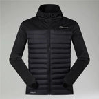Berghaus Black Vaskye Hooded Hybrid Jacket for men, front view of black full-zip hooded jacket with quilted insulated body and soft sleeves, part of the Black Vaskye Hooded Hybrid Jacket & Cargo Pant Tracksuit