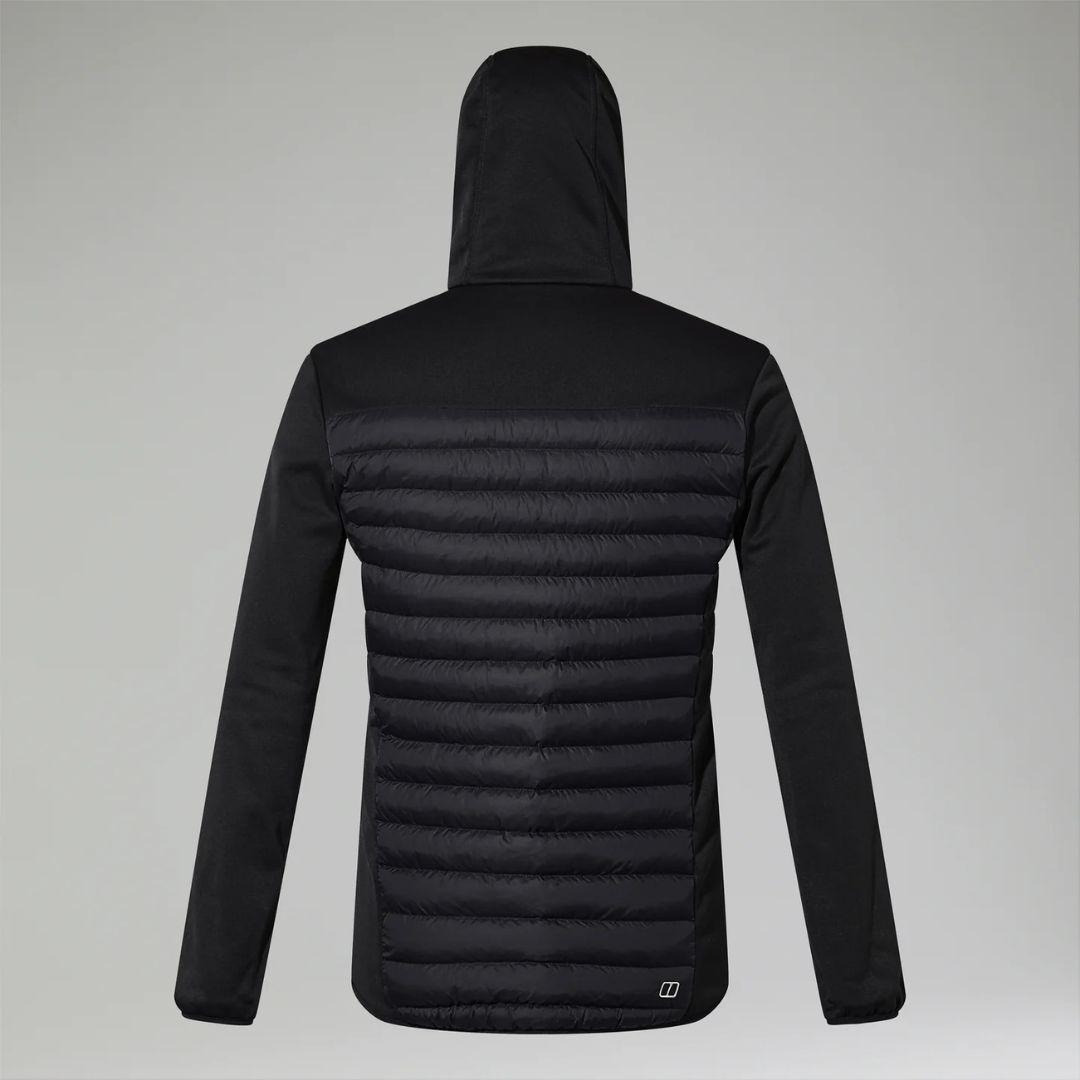 Berghaus Black Vaskye Hooded Hybrid Jacket for men, back view of the black hooded jacket showing the quilted body panels and smooth sleeves
