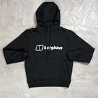 Black hoodie with Berghaus logo on a gray textured background