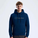 Berghaus 'Dark Blue' Logo Hoodie for men, front view on model of dark blue pullover hoodie with drawcord hood and large Berghaus logo across the chest, part of the 'Dark Blue' Logo Hoodie & Cargo Pant Tracksuit