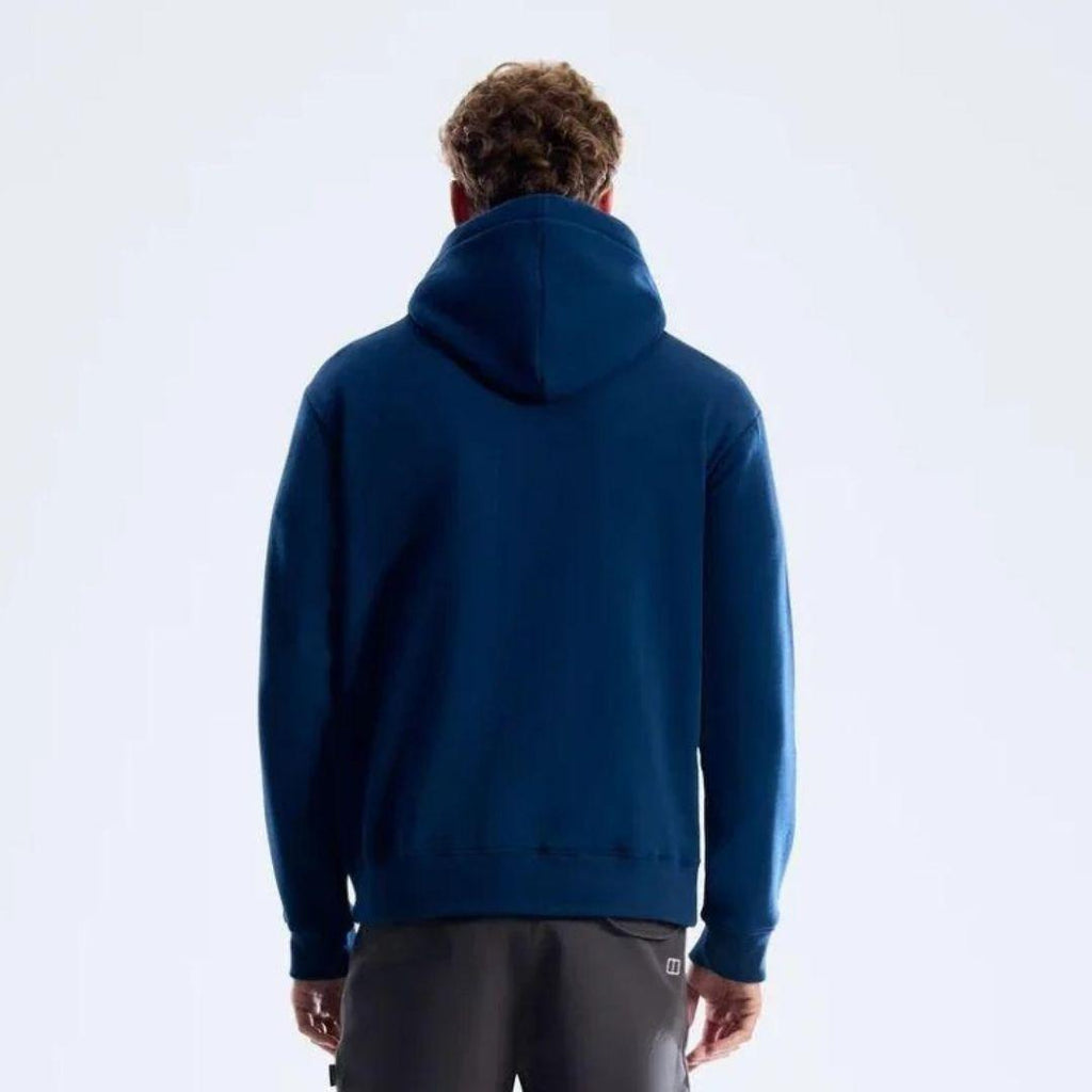 Berghaus 'Dark Blue' Logo Hoodie for men, back view on model showing the plain hood and relaxed fit of the dark blue hoodie, part of the 'Dark Blue' Logo Hoodie & Cargo Pant Tracksuit