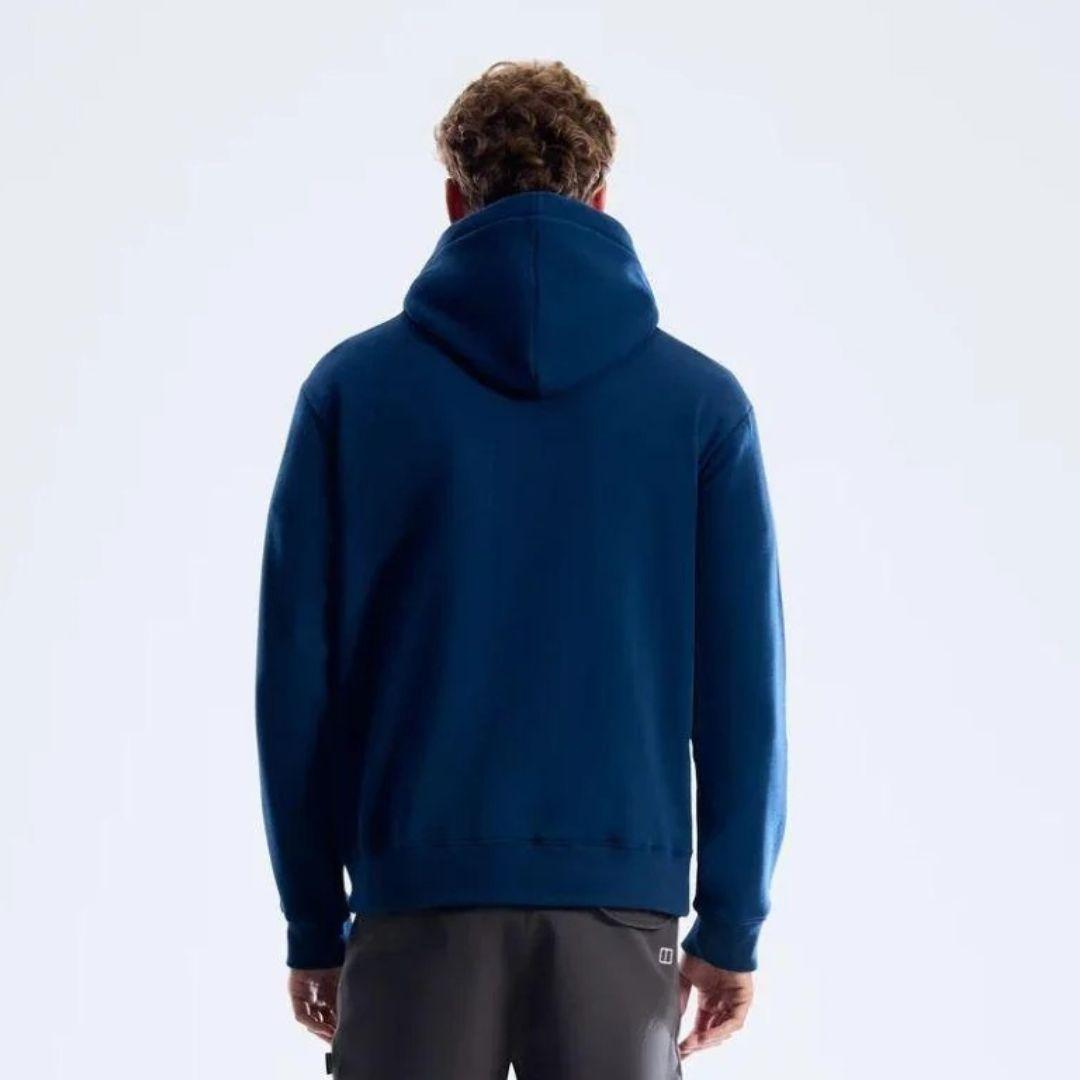 Berghaus 'Dark Blue' Logo Hoodie for men, back view on model showing the plain hood and relaxed fit of the dark blue hoodie, part of the 'Dark Blue' Logo Hoodie & Cargo Pant Tracksuit
