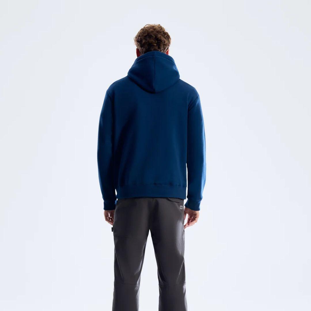 Berghaus 'Dark Blue' Logo Hoodie for men, back view on model showing the plain hood and relaxed fit of the dark blue pullover hoodie