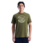 Berghaus 'Dark Green' Curvature Essential T-Shirt for men, front view on model of dark green short-sleeve crew neck tee with white contour-line graphic and Berghaus logo on the chest