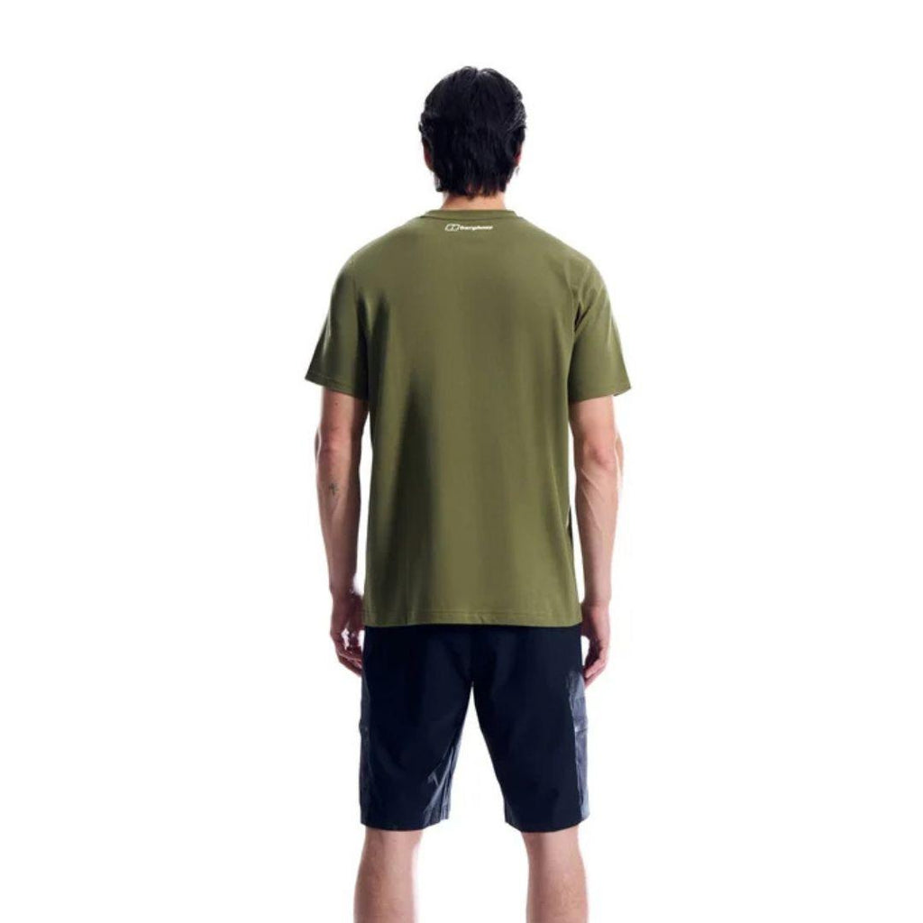 Berghaus 'Dark Green' Curvature Essential T-Shirt for men, back view on model showing the plain back and relaxed fit of the dark green tee