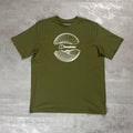 Berghaus 'Dark Green' Curvature Essential T-Shirt for men, flat lay on a grey concrete surface of the dark green crew neck tee with white contour-line graphic and Berghaus logo on the chest