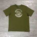 Berghaus 'Dark Green' Curvature Essential T-Shirt for men, flat lay on a grey concrete surface of the dark green crew neck tee with white contour-line graphic and Berghaus logo on the chest