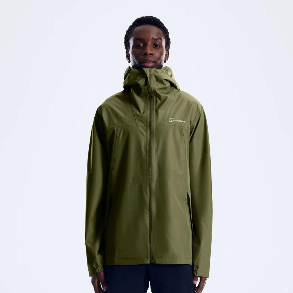 Berghaus 'Dark Green' Deluge Pro 3.0 Jacket for men, front view on model of dark green waterproof jacket with full-zip front and high collar, part of the 'Dark Green' Deluge Pro 3.0 Jacket, Tee & Cargo Pant Tri-Set