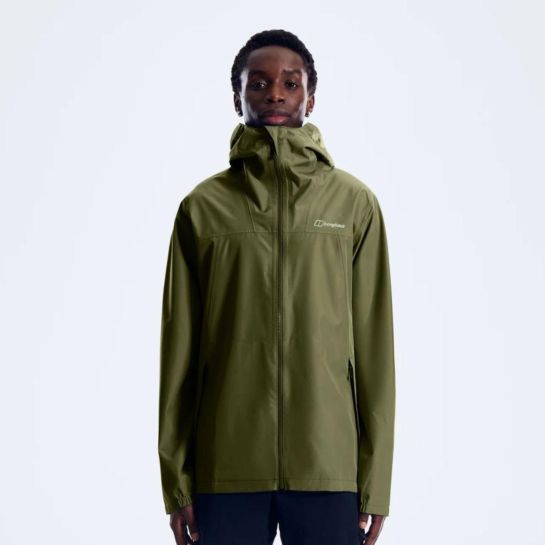 Berghaus 'Dark Green' Deluge Pro 3.0 Jacket for men, front view on model of dark green waterproof jacket with full-zip front and high collar, part of the 'Dark Green' Deluge Pro 3.0 Jacket, Tee & Cargo Pant Tri-Set
