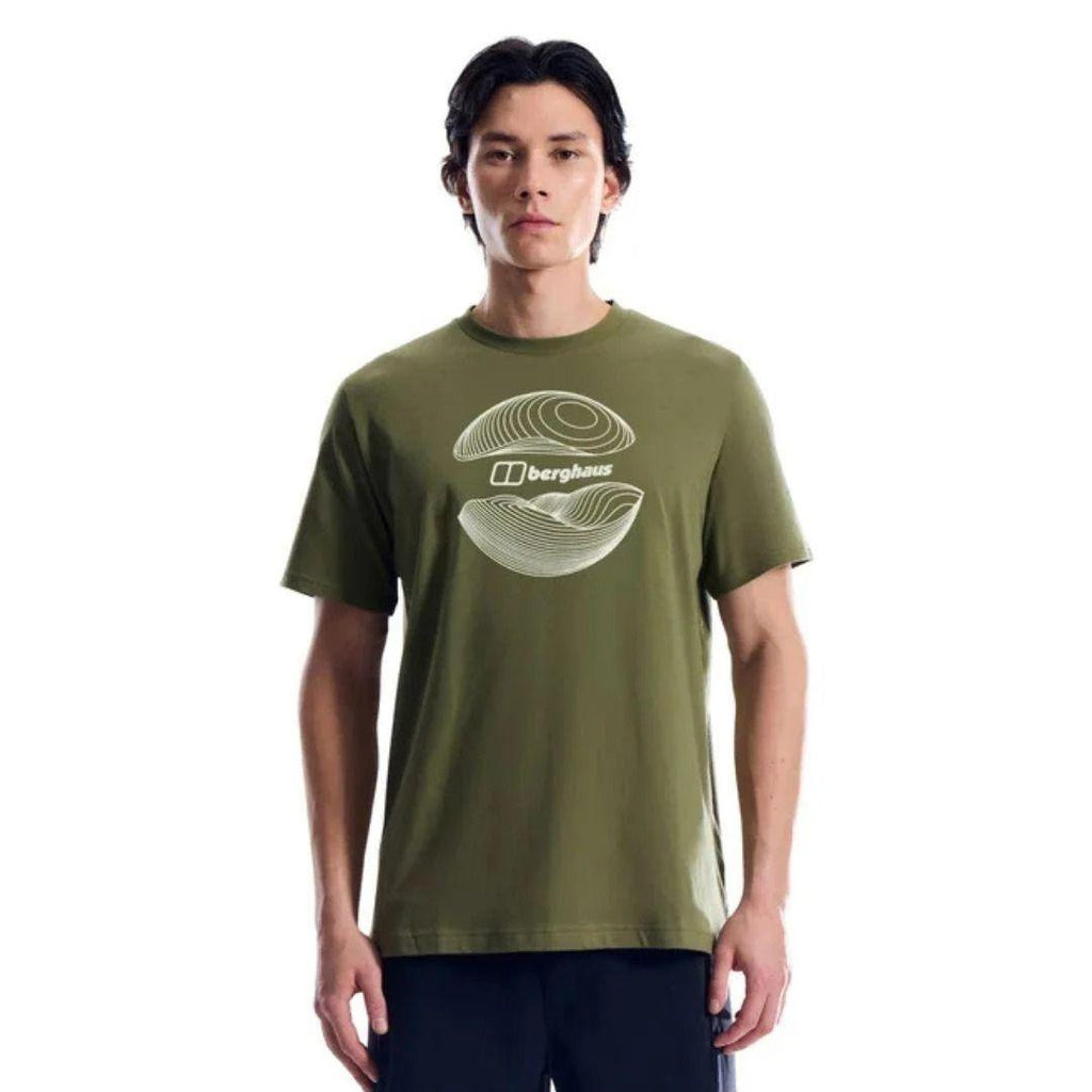Berghaus 'Dark Green' Curvature Essential T-Shirt for men, front view on model of dark green crew neck tee with white contour-line graphic and Berghaus logo, part of the 'Dark Green' Deluge Pro 3.0 Jacket, Tee & Cargo Pant Tri-Set