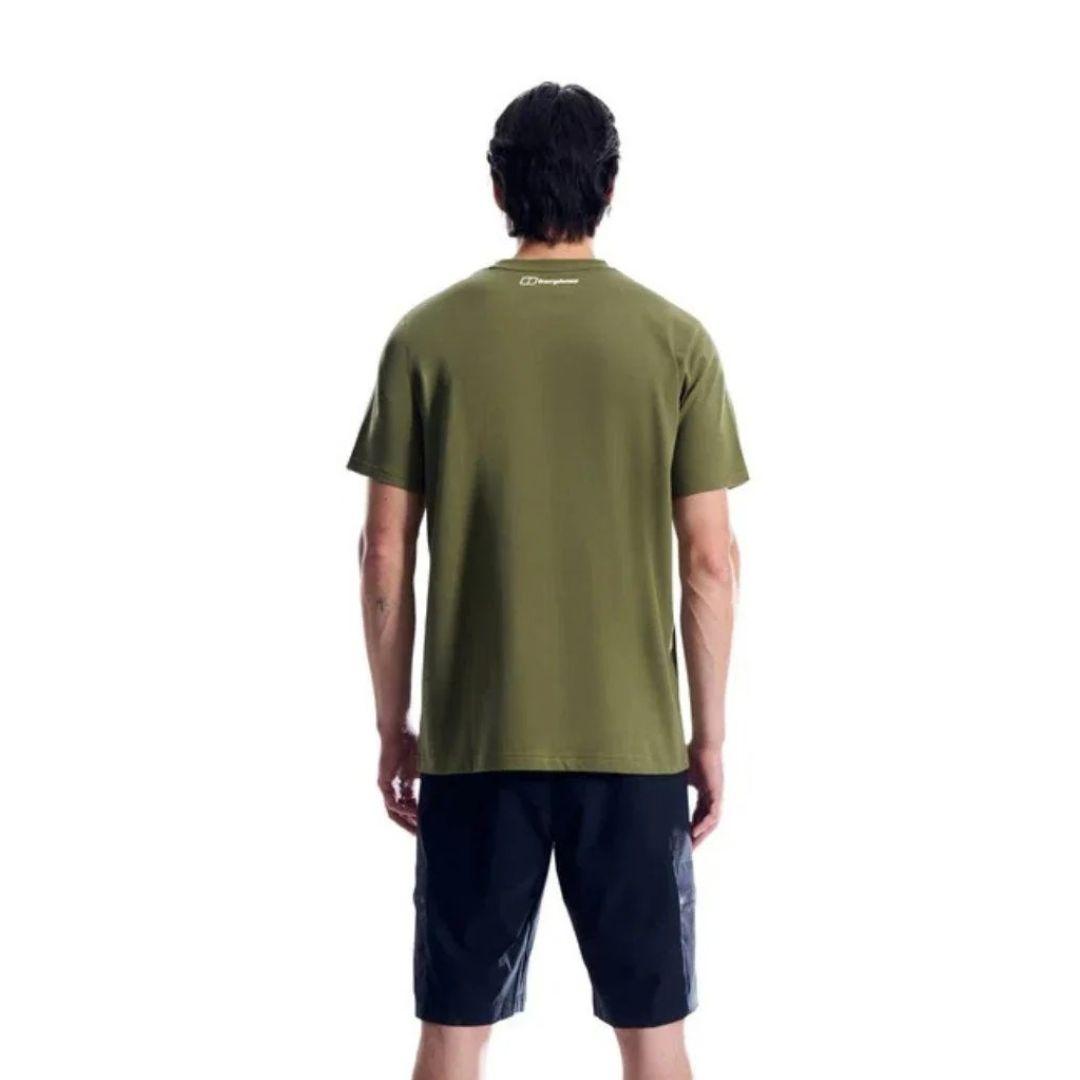 Berghaus 'Dark Green' Curvature Essential T-Shirt for men, back view on model showing the plain back of the dark green tee, part of the 'Dark Green' Deluge Pro 3.0 Jacket, Tee & Cargo Pant Tri-Set