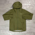 Berghaus 'Dark Green' Deluge Pro 3.0 Jacket for men, flat lay on a grey concrete surface of the dark green waterproof hooded jacket with full-zip front, zipped hand pockets and Berghaus logo on the chest