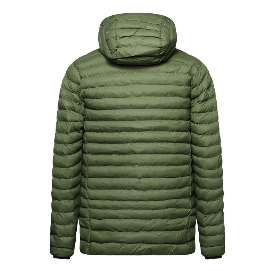 Berghaus 'Dark Green' Vaskye Hooded Jacket for men, back view of the dark green quilted jacket showing the hood and horizontal quilted panels