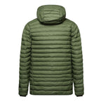 Berghaus 'Dark Green' Vaskye Hooded Jacket for men, back view of the dark green quilted jacket showing the hood and horizontal quilted panels