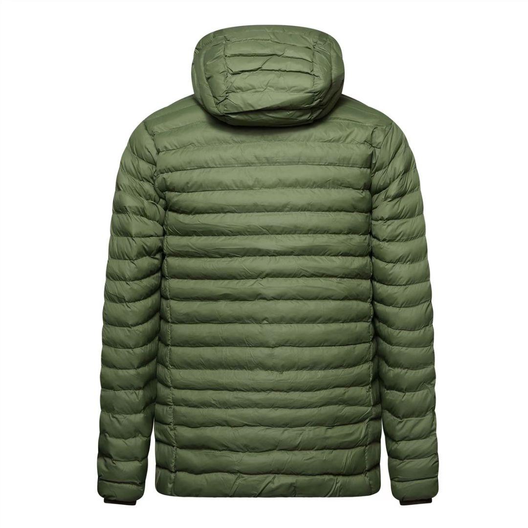 Berghaus 'Dark Green' Vaskye Hooded Jacket for men, back view of the dark green quilted jacket showing the hood and horizontal quilted panels