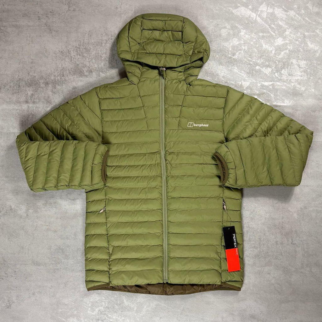 Berghaus 'Dark Green' Vaskye Hooded Jacket for men, flat lay on a grey concrete surface of the dark green quilted hooded jacket with full-zip front