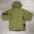 Berghaus 'Dark Green' Vaskye Hooded Jacket for men, flat lay on a grey concrete surface of the dark green quilted hooded jacket with full-zip front