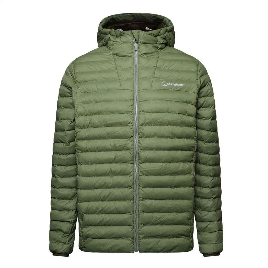 Berghaus 'Dark Green' Vaskye Hooded Jacket for men, front view of dark green quilted hooded jacket with full-zip front and Berghaus logo on the chest, part of the 'Dark Green' Vaskye Hooded Jacket & Cargo Pant Tracksuit