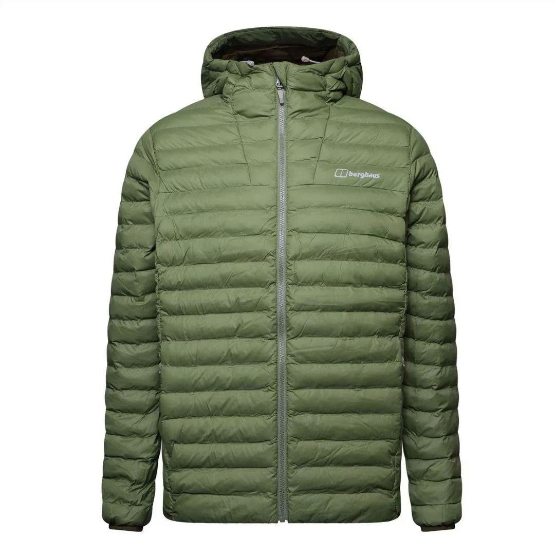 Berghaus 'Dark Green' Vaskye Hooded Jacket for men, front view of dark green quilted hooded jacket with full-zip front and Berghaus logo on the chest, part of the 'Dark Green' Vaskye Hooded Jacket & Cargo Pant Tracksuit