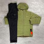 Berghaus 'Dark Green' Vaskye Hooded Jacket & Cargo Pant Tracksuit for men, flat lay on a grey concrete surface of the dark green quilted hooded jacket with matching black cargo pant