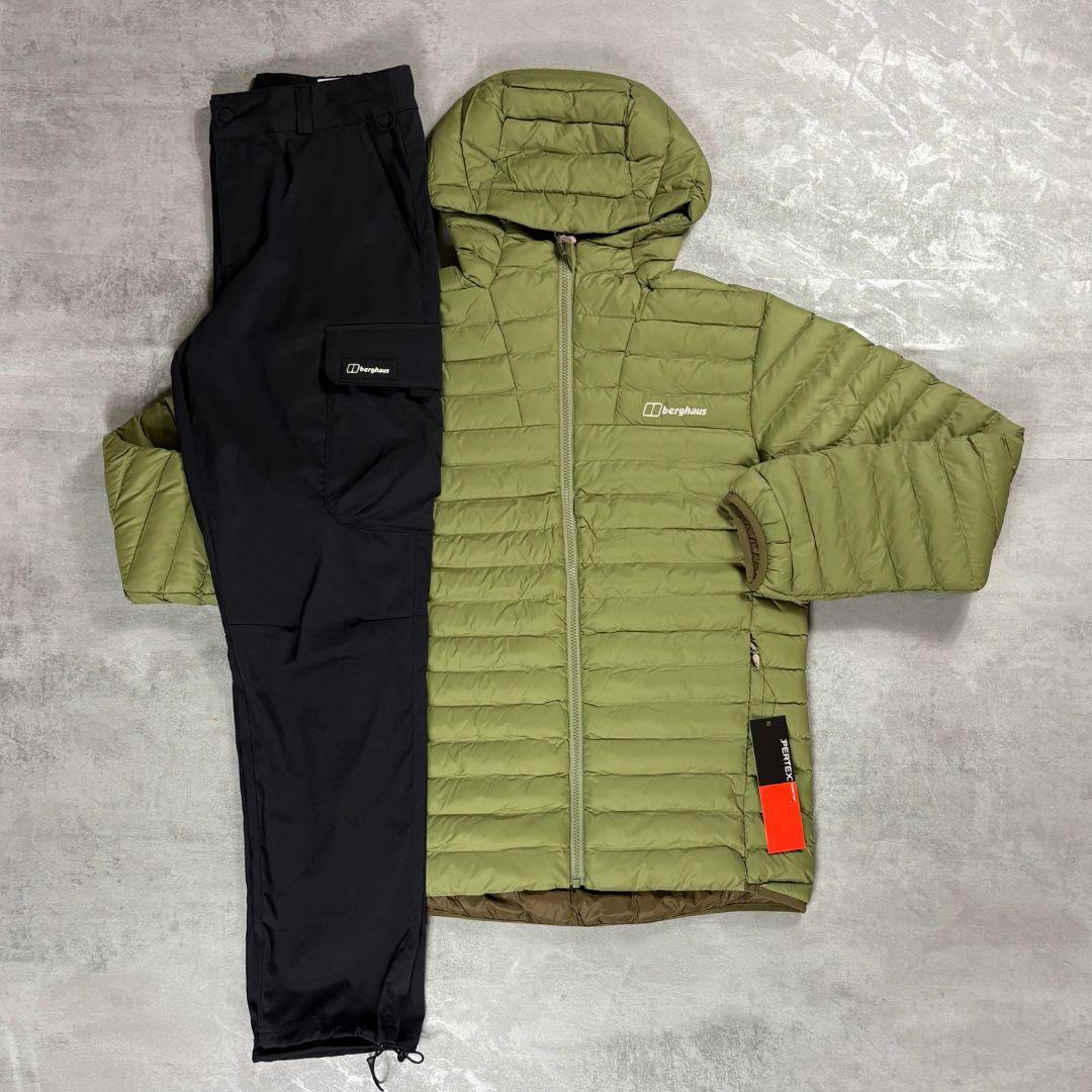 Berghaus 'Dark Green' Vaskye Hooded Jacket & Cargo Pant Tracksuit for men, flat lay on a grey concrete surface of the dark green quilted hooded jacket with matching black cargo pant