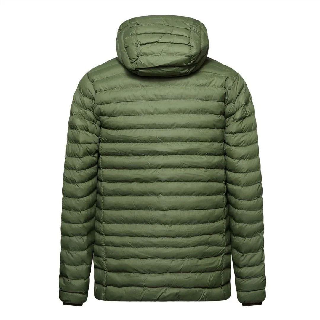 Berghaus 'Dark Green' Vaskye Hooded Jacket for men, back view showing the hood and horizontal quilted panels of the dark green jacket, part of the 'Dark Green' Vaskye Hooded Jacket & Cargo Pant Tracksuit