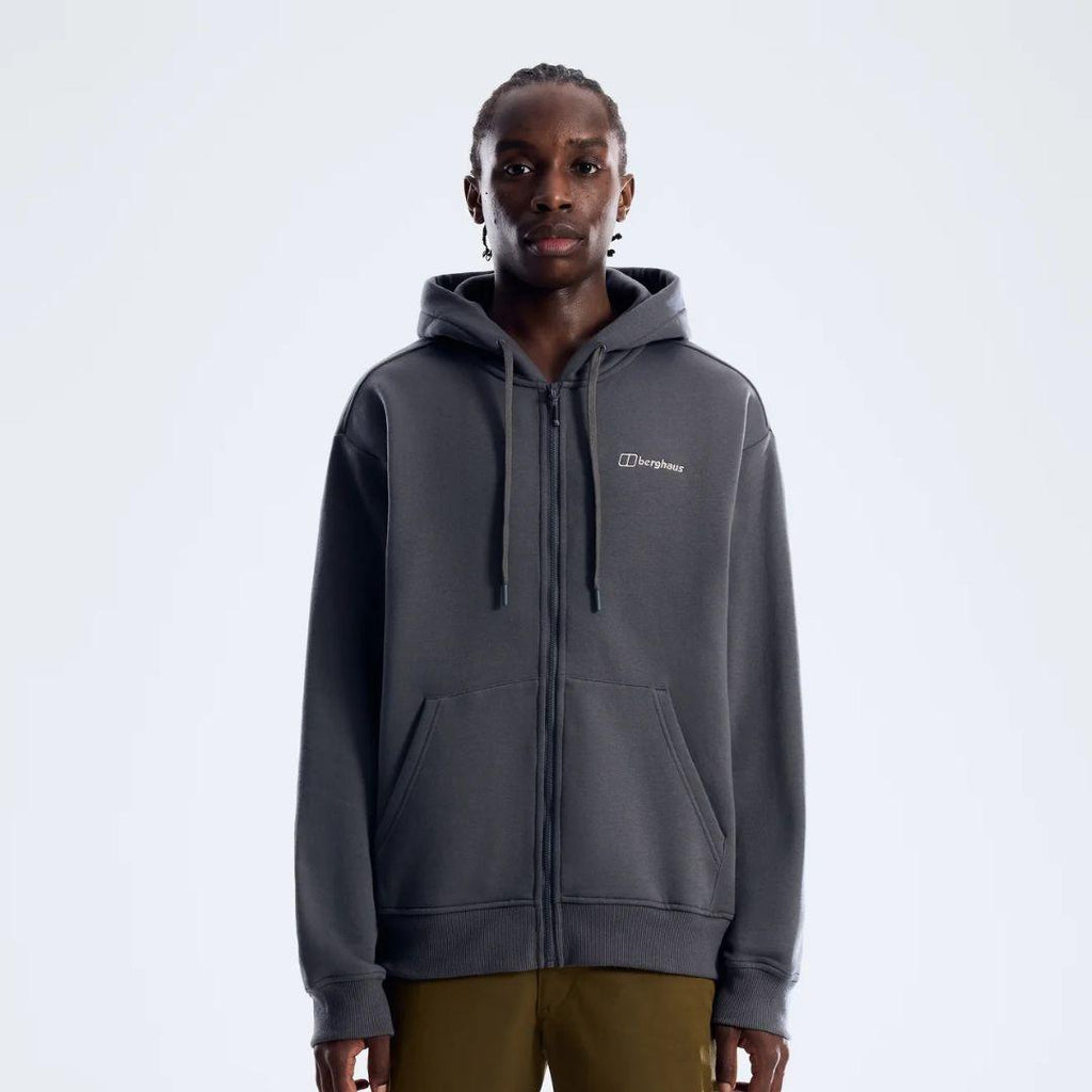 Berghaus 'Dark Grey' Logo Zip-Up Hoodie for men, front view on model of dark grey full-zip hoodie with drawcord hood, front pockets and small Berghaus logo on the chest