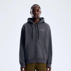 Berghaus 'Dark Grey' Logo Zip-Up Hoodie for men, front view on model of dark grey full-zip hoodie with drawcord hood, front pockets and small Berghaus logo on the chest