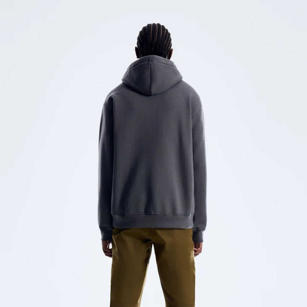 Berghaus 'Dark Grey' Logo Zip-Up Hoodie for men, back view on model showing the plain hood and ribbed hem of the dark grey zip-up hoodie