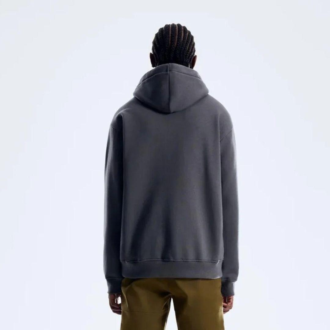 Berghaus 'Dark Grey' Logo Zip-Up Hoodie for men, back view on model showing the plain hood and ribbed hem of the dark grey hoodie, part of the 'Dark Grey' Logo Zip-Up Hoodie, Tee & Cargo Pant Tracksuit