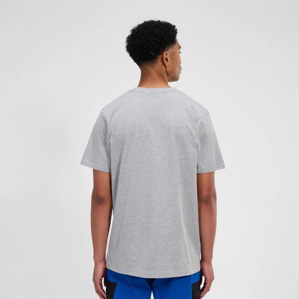 Berghaus Grey Class Logo T-Shirt for men, back view on model showing the plain back of the grey marl tee, part of the 'Dark Grey' Logo Zip-Up Hoodie, Tee & Cargo Pant Tracksuit