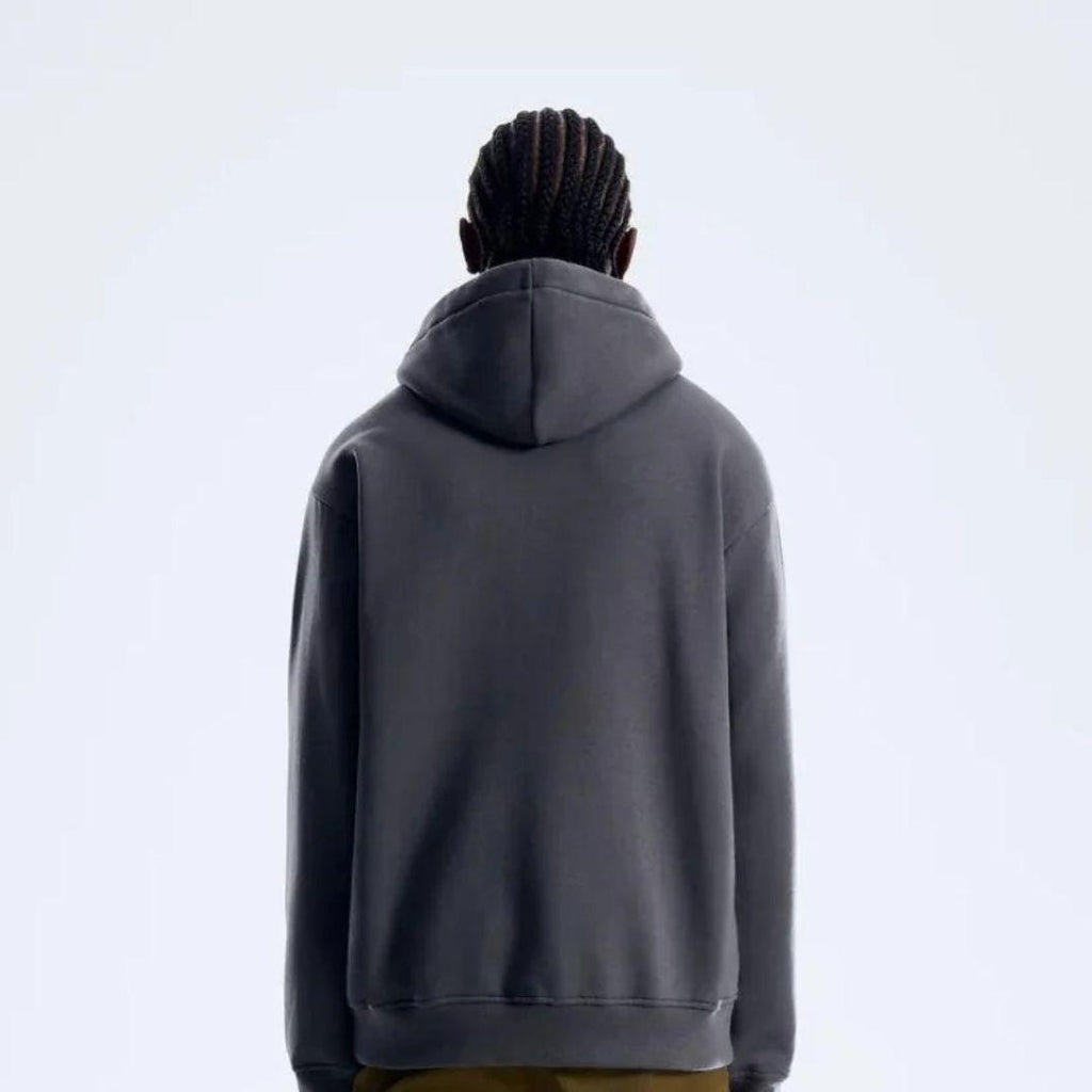 Berghaus 'Dark Grey' Logo Zip-Up Hoodie for men, back view on model showing the plain hood and ribbed hem, part of the 'Dark Grey' Logo Zip-Up Hoodie & Cargo Pant Tracksuit