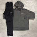 Berghaus 'Dark Grey' Logo Zip-Up Hoodie & Cargo Pant Tracksuit for men, flat lay on a grey concrete surface of the dark grey full-zip hoodie with matching black cargo pant