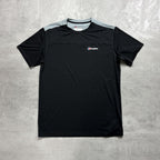 Black t-shirt with a Berghaus logo on a gray textured background