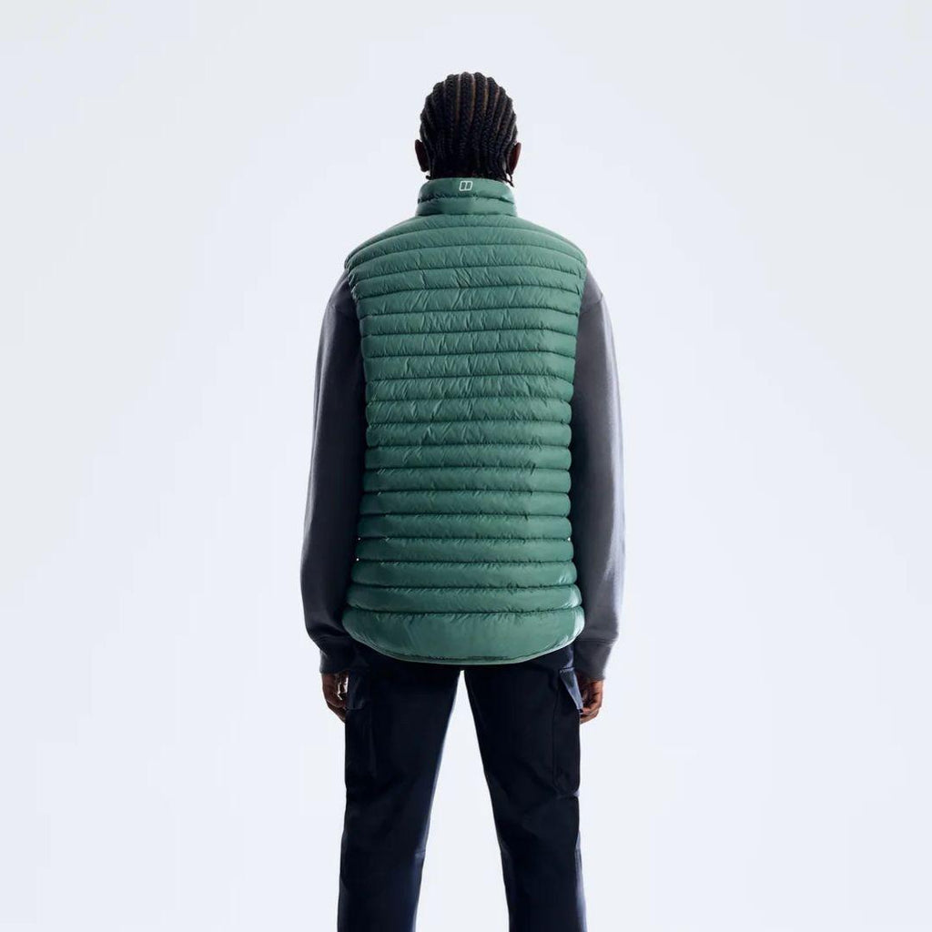 Berghaus Green Vaskye Gilet for men, back view on model showing the quilted panels of the green insulated gilet