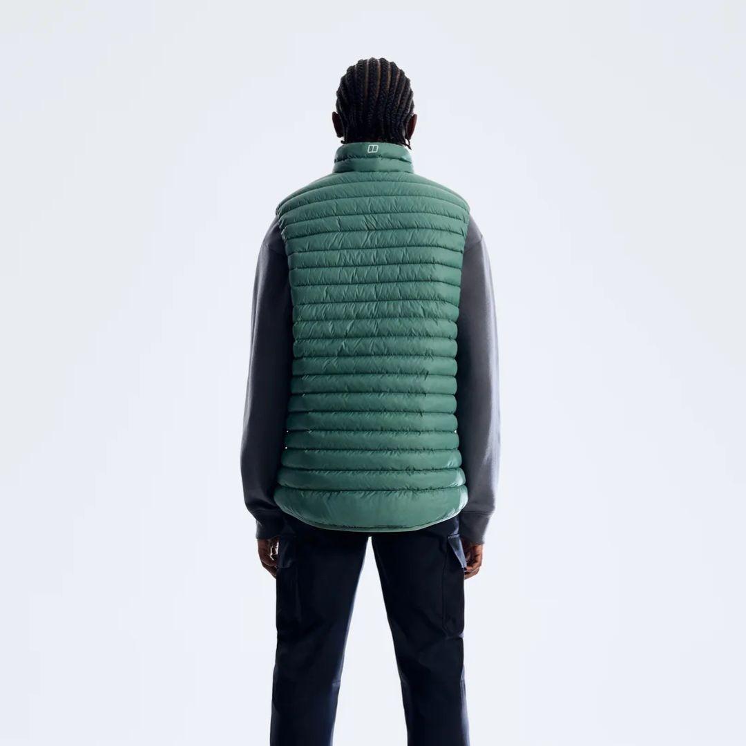 Berghaus Green Vaskye Gilet for men, back view on model showing the quilted panels of the green insulated gilet