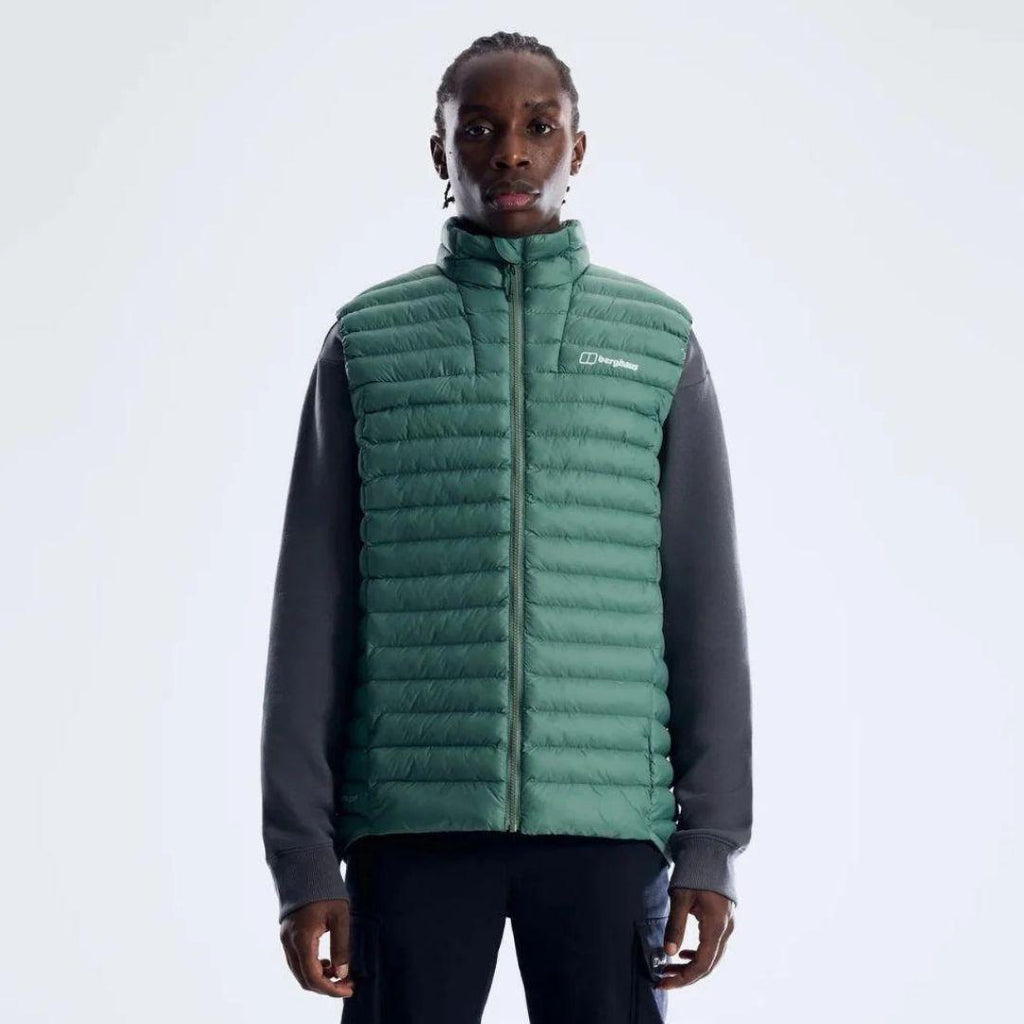Berghaus Green Vaskye Gilet for men, front view on model of green quilted gilet with stand collar, full-zip front and Berghaus logo on the chest, part of the Green Vaskye Gilet & Cargo Pant Tracksuit