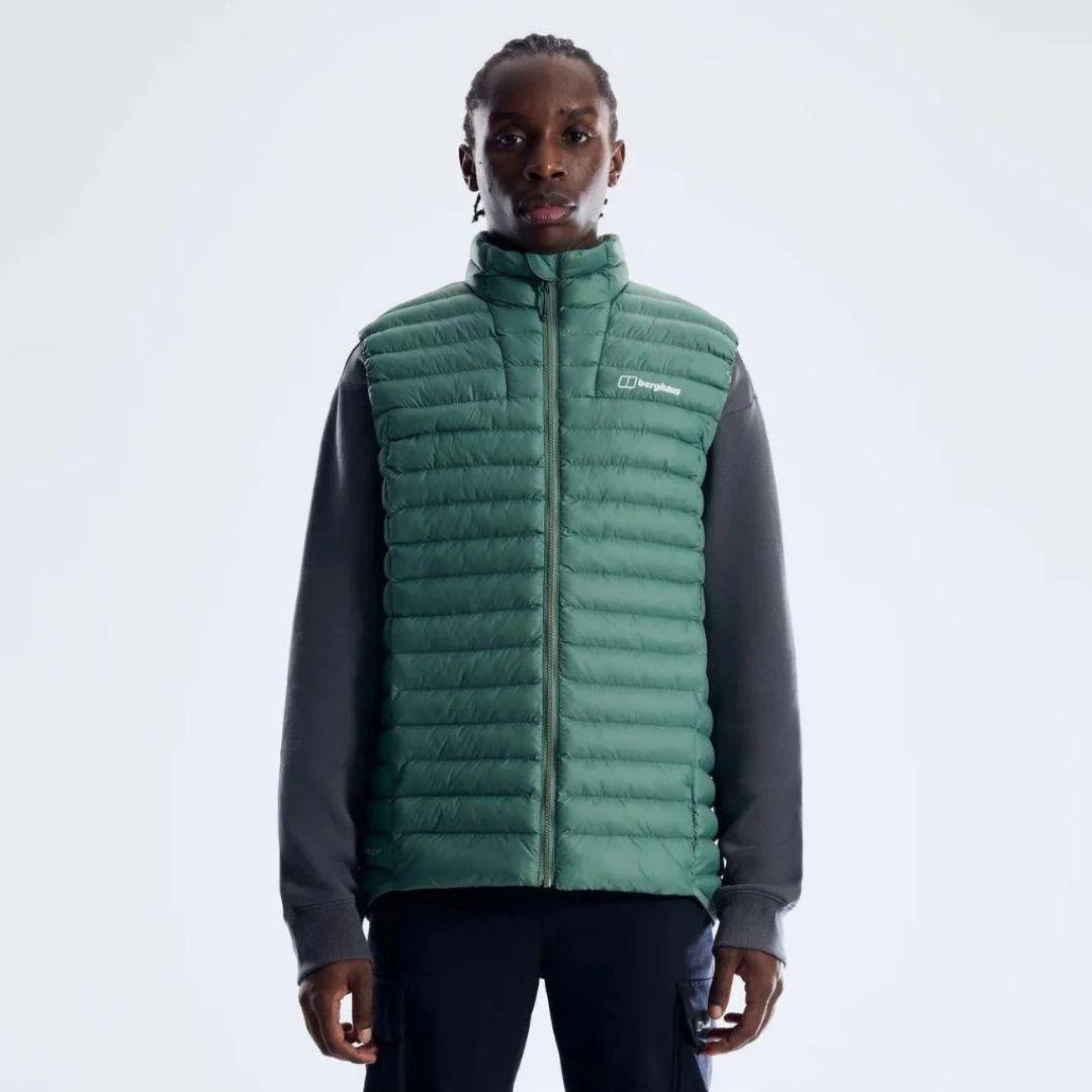 Berghaus Green Vaskye Gilet for men, front view on model of green quilted gilet with stand collar, full-zip front and Berghaus logo on the chest, part of the Green Vaskye Gilet & Cargo Pant Tracksuit