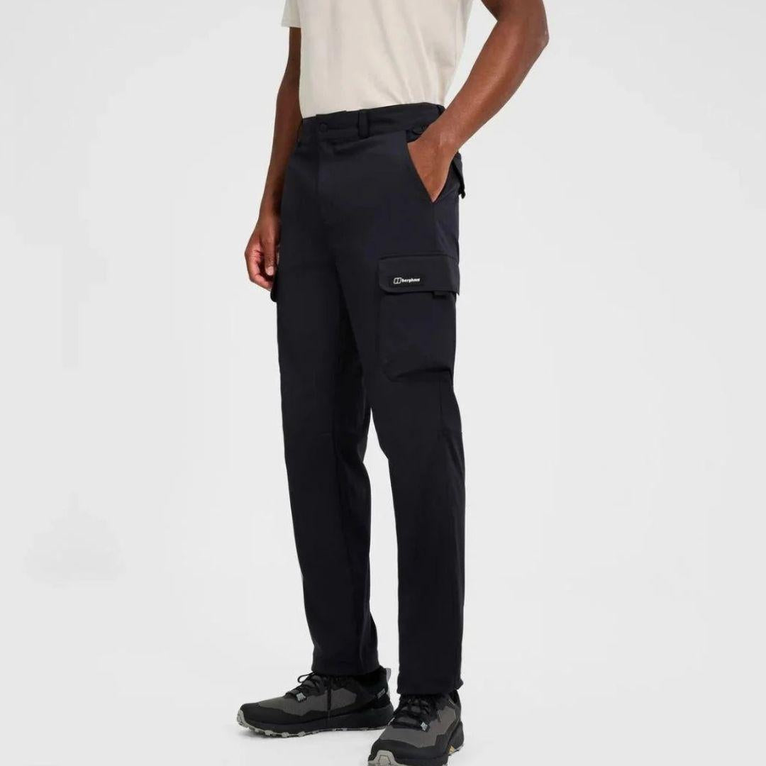 Berghaus Black Everyday Cargo Pant for men, front view on model of black relaxed-fit cargo trousers with hand in the front pocket and thigh cargo pocket, part of the Green Vaskye Gilet & Cargo Pant Tracksuit
