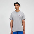 Berghaus Grey Class Logo T-Shirt for men, front view on model of grey marl short-sleeve crew neck tee with small Berghaus logo on the chest