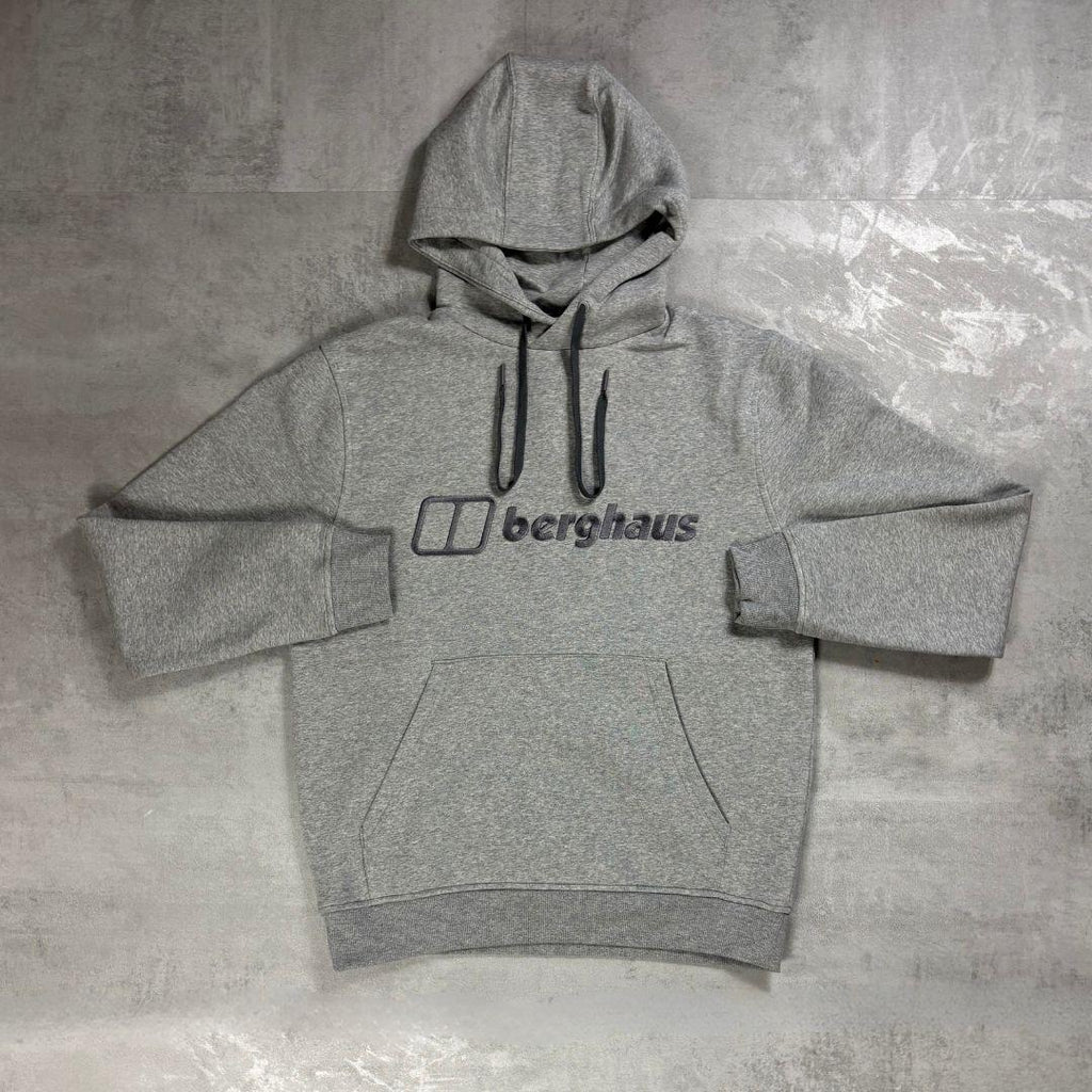 Berghaus Grey Logo Hoodie for men, flat lay of marl grey brushed fleece pullover hoodie with adjustable drawcord hood, kangaroo pocket and embroidered Berghaus logo on the chest