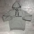 Berghaus Grey Logo Hoodie for men, flat lay of marl grey brushed fleece pullover hoodie with adjustable drawcord hood, kangaroo pocket and embroidered Berghaus logo on the chest
