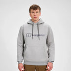 Berghaus Grey Logo Hoodie for men, front view on model of marl grey pullover hoodie with drawcord hood, ribbed cuffs and hem and embroidered Berghaus logo across the chest