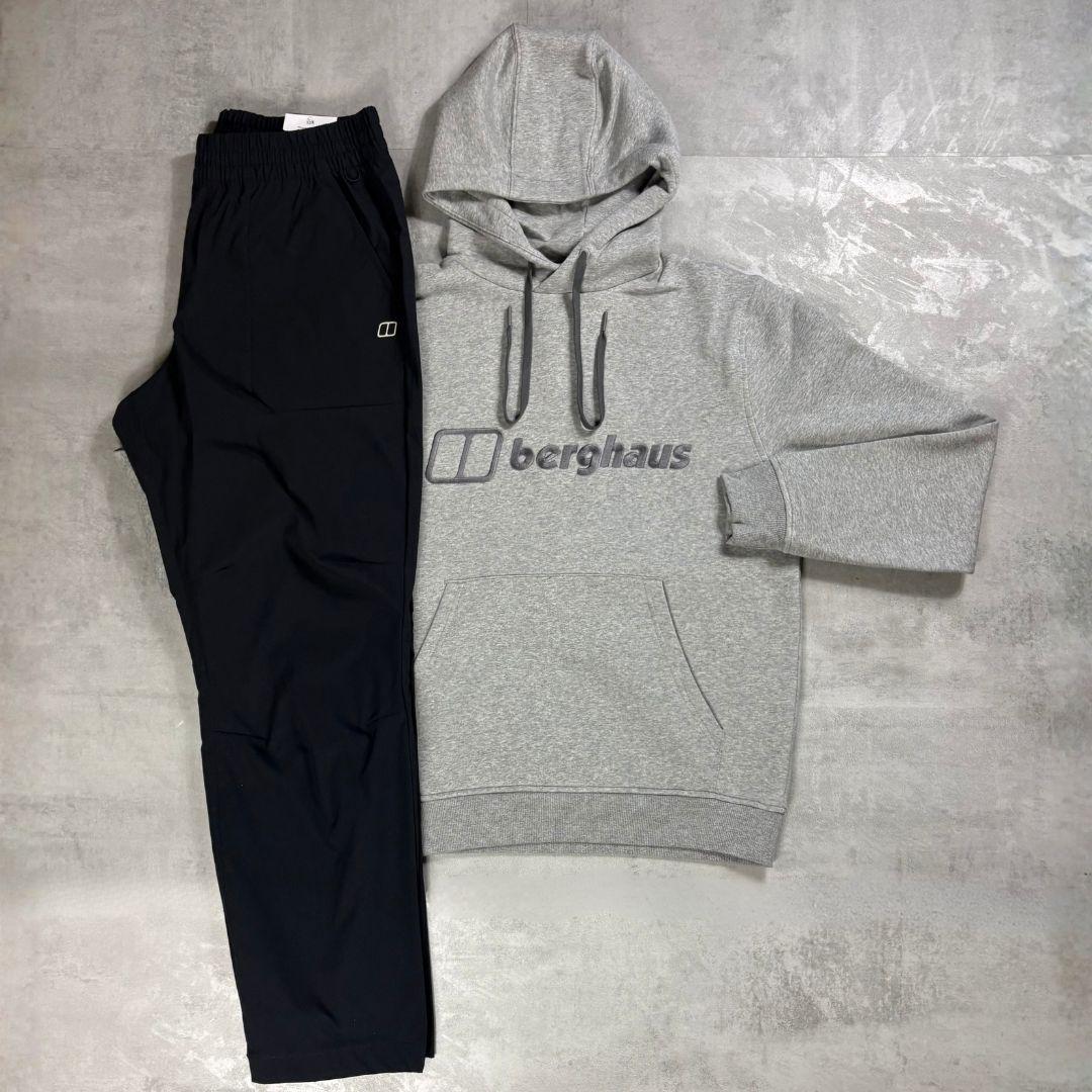 Berghaus Grey Logo Hoodie and Pant Tracksuit for men, flat lay of marl grey brushed fleece hoodie with Berghaus logo and matching black Explorer pant with adjustable waistband