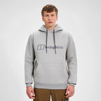 Berghaus Grey Logo Hoodie for men, front view on model of marl grey pullover hoodie with drawcord hood and embroidered Berghaus logo, part of the Grey Logo Hoodie and Pant Tracksuit