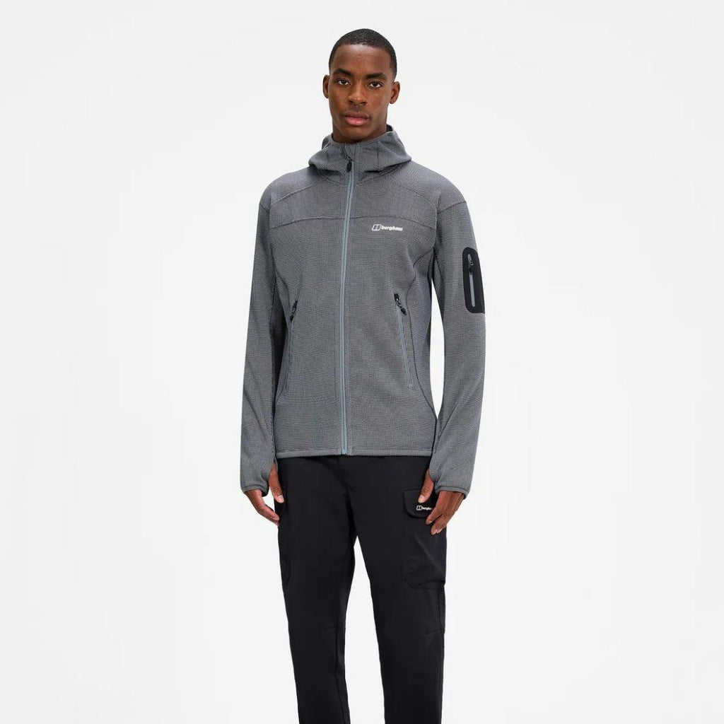 Berghaus Grey Pravitale MTN 2.0 Hooded Fleece Jacket for men, front view on model of grey marl stretch fleece hooded jacket with full-zip front and zipped sleeve pocket