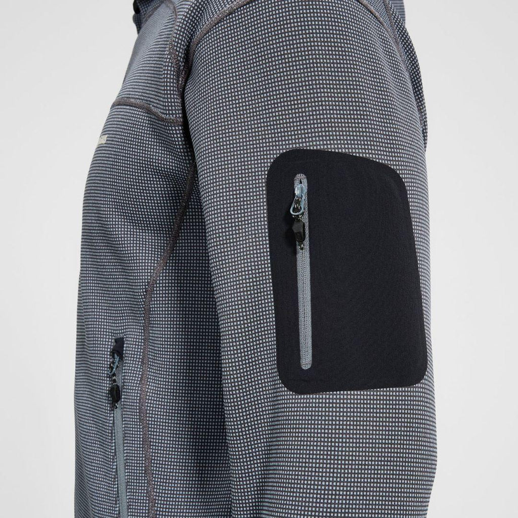Berghaus Grey Pravitale MTN 2.0 Hooded Fleece Jacket for men, close-up of the zipped sleeve pocket on the textured grey stretch fleece