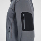 Berghaus Grey Pravitale MTN 2.0 Hooded Fleece Jacket for men, close-up of the zipped sleeve pocket on the textured grey stretch fleece