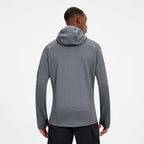Berghaus Grey Pravitale MTN 2.0 Hooded Fleece Jacket for men, back view on model showing the hood and fitted stretch fleece, part of the Grey Pravitale MTN 2.0 Hooded Fleece Jacket & Cargo Pant Tracksuit